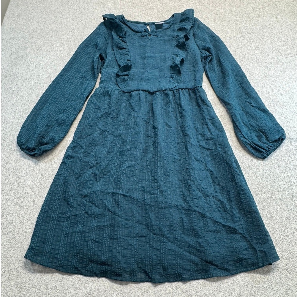 Wonder Nation Ruffle Dress Kids Size 10-12 Green Textured Teal Fall Party Boho